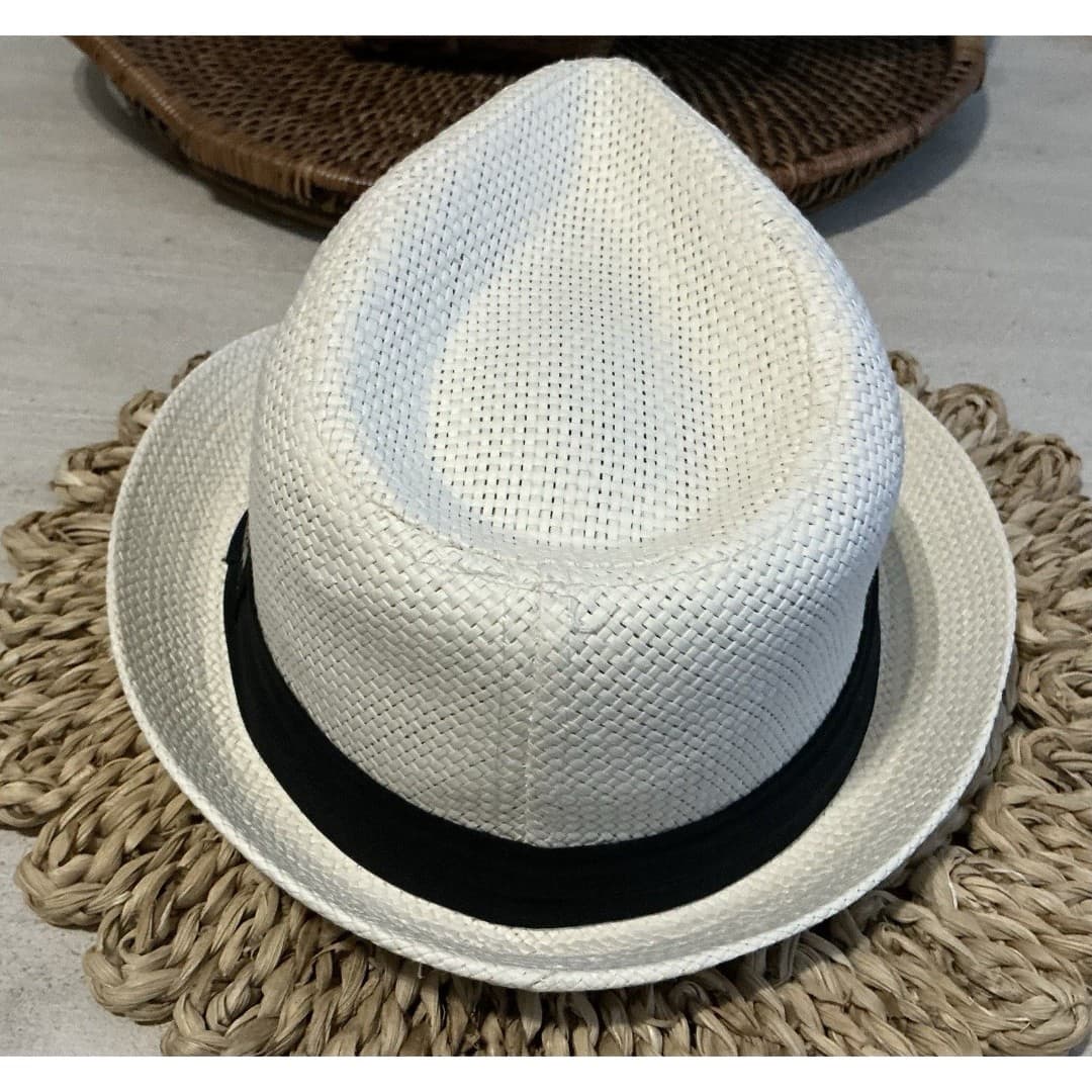 Panama Jack Solid Beige Ribbon Toyo Straw Fedora Hat Size L Logo 1.75" Brim NWOT - Thumbnail 4