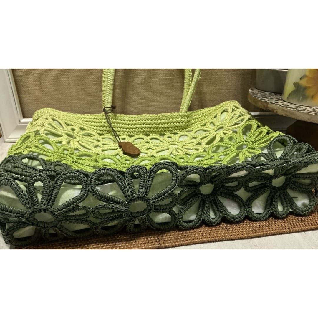 Sun-n-Sand Crocheted Woven Floral Green Beach Bag Hand bag - Thumbnail 5