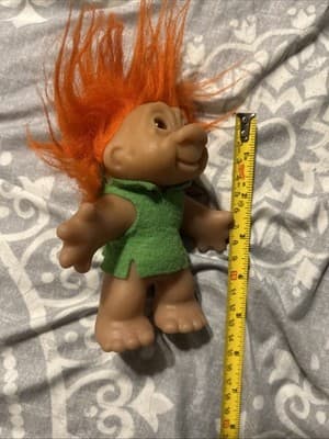 Vintage 1986 Thomas Dam Troll Doll Orange Hair Orange Eyes 5” Green Felt - Thumbnail 5
