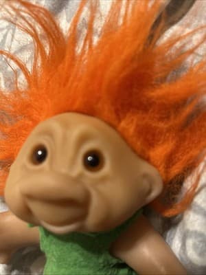 Vintage 1986 Thomas Dam Troll Doll Orange Hair Orange Eyes 5” Green Felt - Thumbnail 2