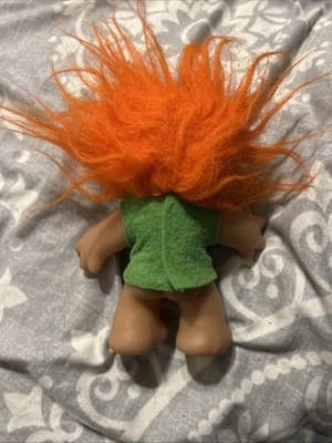 Vintage 1986 Thomas Dam Troll Doll Orange Hair Orange Eyes 5” Green Felt - Thumbnail 3