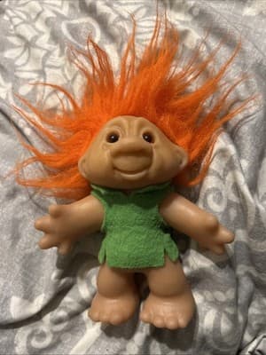 Vintage 1986 Thomas Dam Troll Doll Orange Hair Orange Eyes 5” Green Felt