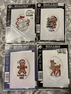 4 Piece Lot NMI Counted Cross Stitch A Card Christmas 4” X 5” Aida 18 Count