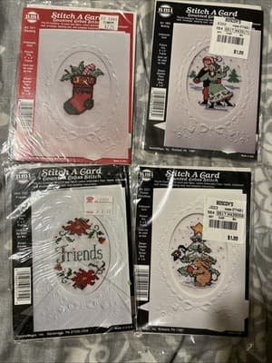4 Piece Lot NMI Counted Cross Stitch A Card Christmas 4” X 5” Aida 18 Count