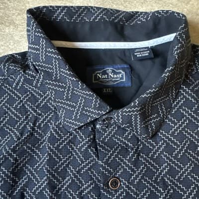 Nat Nast Men’s XXL Blue Geometric Pattern Silk/Cotton Blend Short Sleeve Shirt - Thumbnail 2