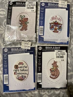 4 Piece Lot NMI Counted Cross Stitch A Card Christmas 4” X 5” Aida 18 Count