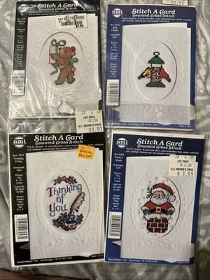 4 Piece Lot NMI Counted Cross Stitch A Card Christmas 4” X 5” Aida 18 Count