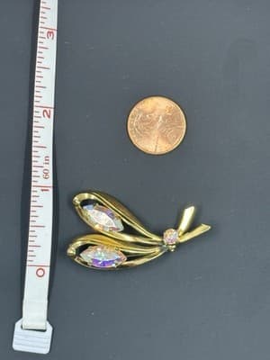 Vintage Gold Metal Flower Brooch Pin With Stunning Gems 2” - Thumbnail 2
