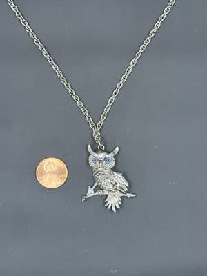 Owl Charm Pewter Pendant Silver Crystal Blue Rolo Chain Necklace 24” Owls Birds