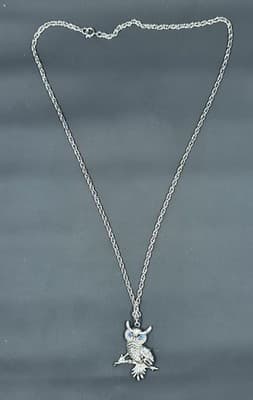 Owl Charm Pewter Pendant Silver Crystal Blue Rolo Chain Necklace 24” Owls Birds - Thumbnail 4