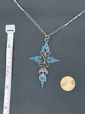 Vintage Necklace Pendant Signed Roma Cross Faux Turquoise Silver Tone Filigree
