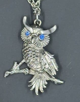 Owl Charm Pewter Pendant Silver Crystal Blue Rolo Chain Necklace 24” Owls Birds - Thumbnail 2