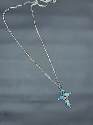 Vintage Necklace Pendant Signed Roma Cross Faux Turquoise Silver Tone Filigree - Thumbnail 2