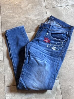 Driftwood Women's Jackie Jeans Sz 28 Aztec Embroidered Pockets Mid Rise Distress