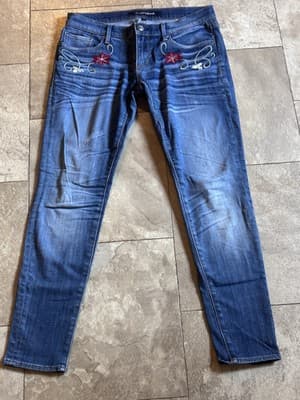 Driftwood Women's Jackie Jeans Sz 28 Aztec Embroidered Pockets Mid Rise Distress - Thumbnail 2