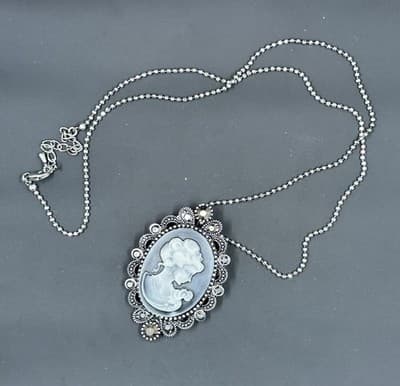 Signed CN Silver-Tone Gray Cameo Necklace/Brooch Marcasite-Beautiful!