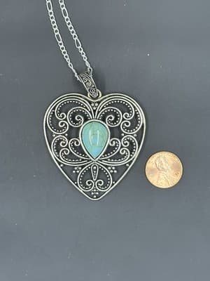 Vintage Necklace Pendant Heart Faux Turquoise Silver Tone - Thumbnail 5