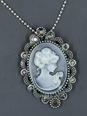 Signed CN Silver-Tone Gray Cameo Necklace/Brooch Marcasite-Beautiful! - Thumbnail 4