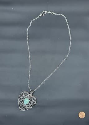 Vintage Necklace Pendant Heart Faux Turquoise Silver Tone
