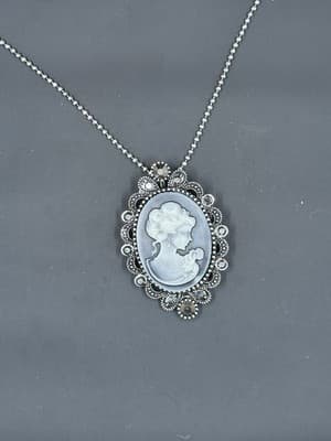Signed CN Silver-Tone Gray Cameo Necklace/Brooch Marcasite-Beautiful! - Thumbnail 3