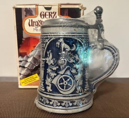 Vintage Gerz Gerzit German Beer Stein, Large Blue Salt Glaze Stoneware Sealed