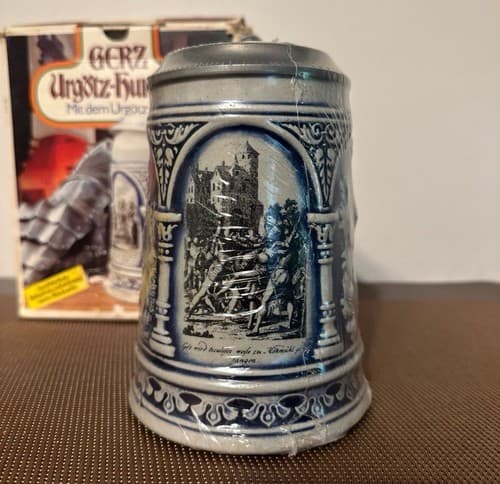 Vintage Gerz Gerzit German Beer Stein, Large Blue Salt Glaze Stoneware Sealed - Thumbnail 2