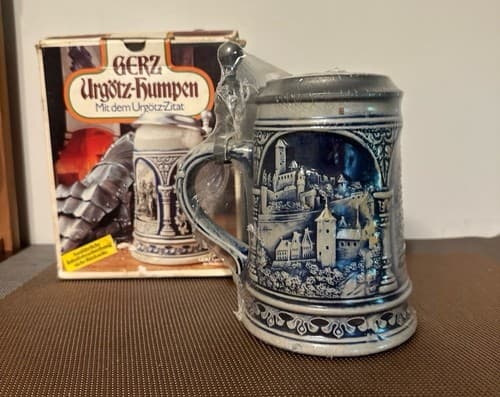 Vintage Gerz Gerzit German Beer Stein, Large Blue Salt Glaze Stoneware Sealed - Thumbnail 3