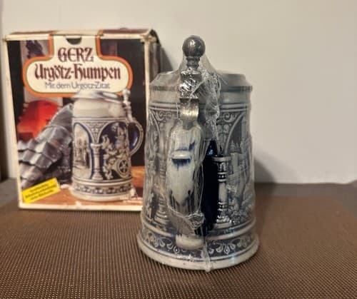 Vintage Gerz Gerzit German Beer Stein, Large Blue Salt Glaze Stoneware Sealed - Thumbnail 4