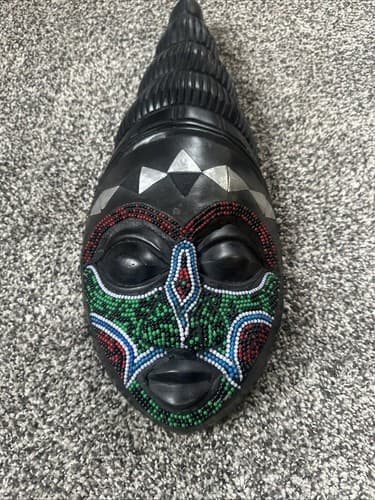 African Wall Decor Wooden Bead Mask Carved Wall Hanging Ghana Handmade