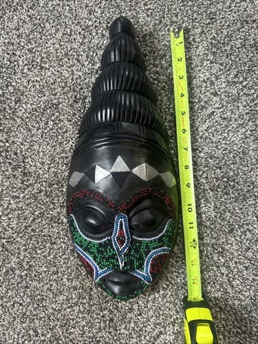 African Wall Decor Wooden Bead Mask Carved Wall Hanging Ghana Handmade - Thumbnail 4