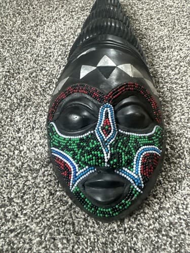 African Wall Decor Wooden Bead Mask Carved Wall Hanging Ghana Handmade - Thumbnail 2