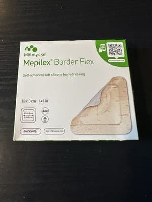 Box Of 5 Qty Molnlycke Mepilex Border Flex 4" x 4" Soft Silicone Foam Dressing