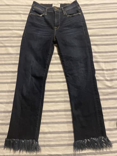 WOMENS FRAME DENIM JEANS LE HIGH STRAIGHT PINE KNOLL DARK BLUE 24 ankle fray