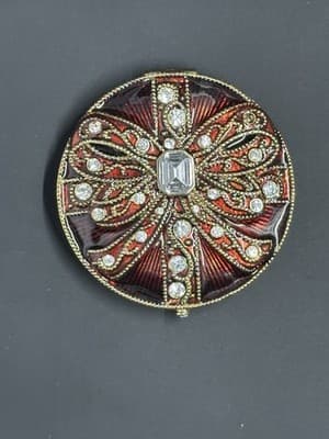 Monet Vintage Art Deco Red Rhinestone Bow Compact Mirror Double Sided – Elegant - Thumbnail 4