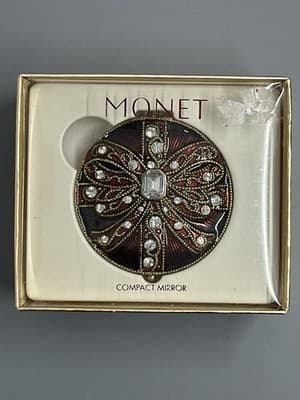 Monet Vintage Art Deco Red Rhinestone Bow Compact Mirror Double Sided – Elegant