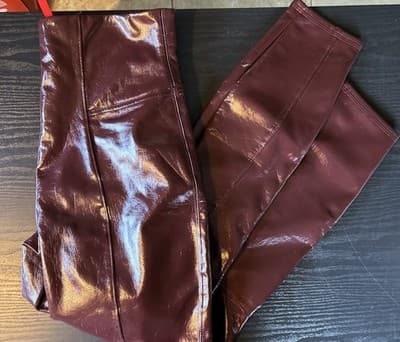 Spanx Pants Womens Medium Burgundy Faux Leather High Rise Skinny Leggings Shiny