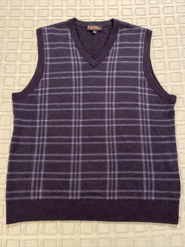 Brooks Brother Navy Blue Plaid Extra Fine Merino Wool Vneck Sweater Vest Mens XL