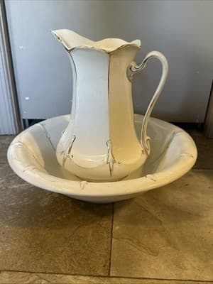 Large Antique Porcelain 16.5” (D) Wash Basin And 12” (H) Pitcher With Gold Trim