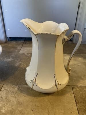 Large Antique Porcelain 16.5” (D) Wash Basin And 12” (H) Pitcher With Gold Trim - Thumbnail 4