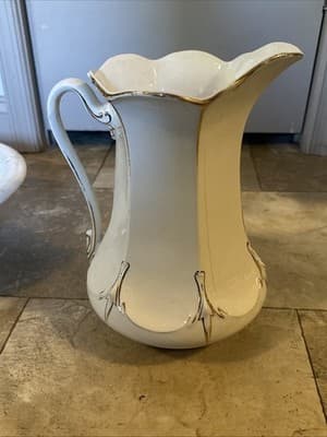 Large Antique Porcelain 16.5” (D) Wash Basin And 12” (H) Pitcher With Gold Trim - Thumbnail 7