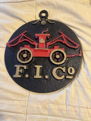 Vintage F. I. Co. Fire Insurance Company Cast Iron Fire Truck Plaque 11 3/4"