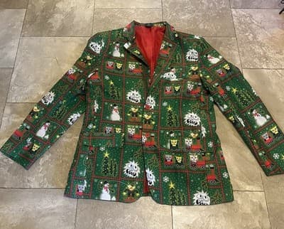 Mens Green Christmas Snowman Train Ugly Christmas Blazer Jacket Size L New!