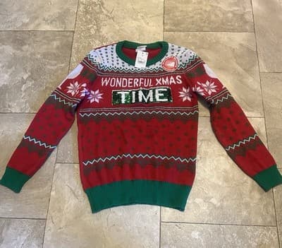 Holiday Sweater Wonderful Christmas Time / Wine Red Sequins Ugly Sweater Small