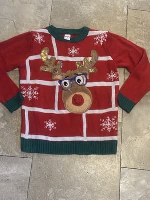 Holiday Time Kids Ugly Christmas Sweater Reindeer Sequin Rudolph M (8)
