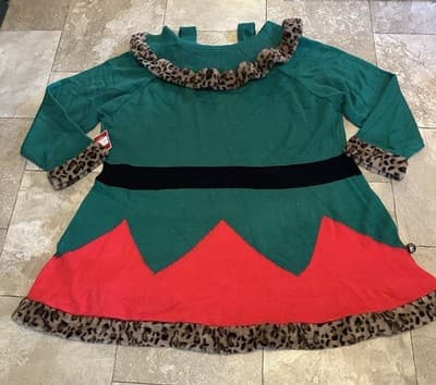 Womens 4X Red Green Leopard Print Fuzzy Trim Christmas Elf Holiday Sweater Dress - Thumbnail 9