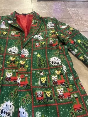 Mens Green Christmas Snowman Train Ugly Christmas Blazer Jacket Size L New! - Thumbnail 2