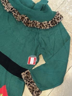 Womens 4X Red Green Leopard Print Fuzzy Trim Christmas Elf Holiday Sweater Dress - Thumbnail 2