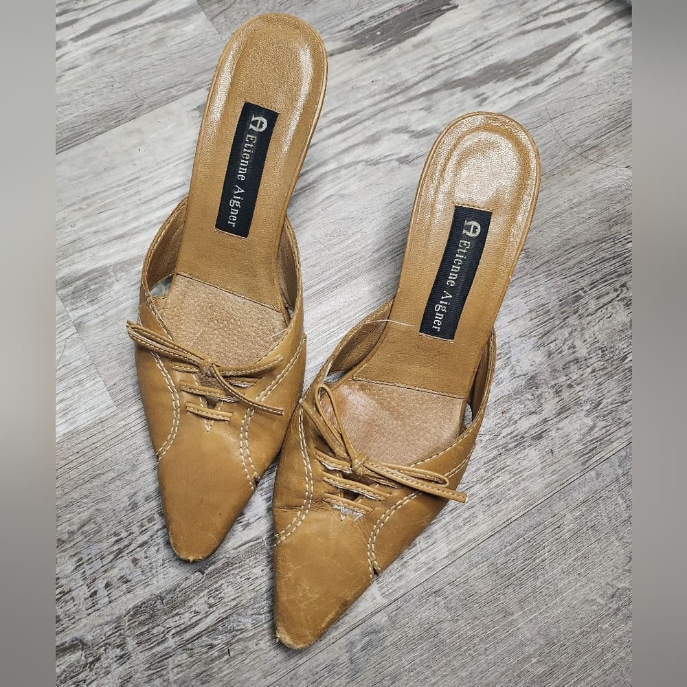 Etienne Aigner Y2K Tan Leather Lace-Up Pointed Toe Mules Vodka Heels - Thumbnail 12