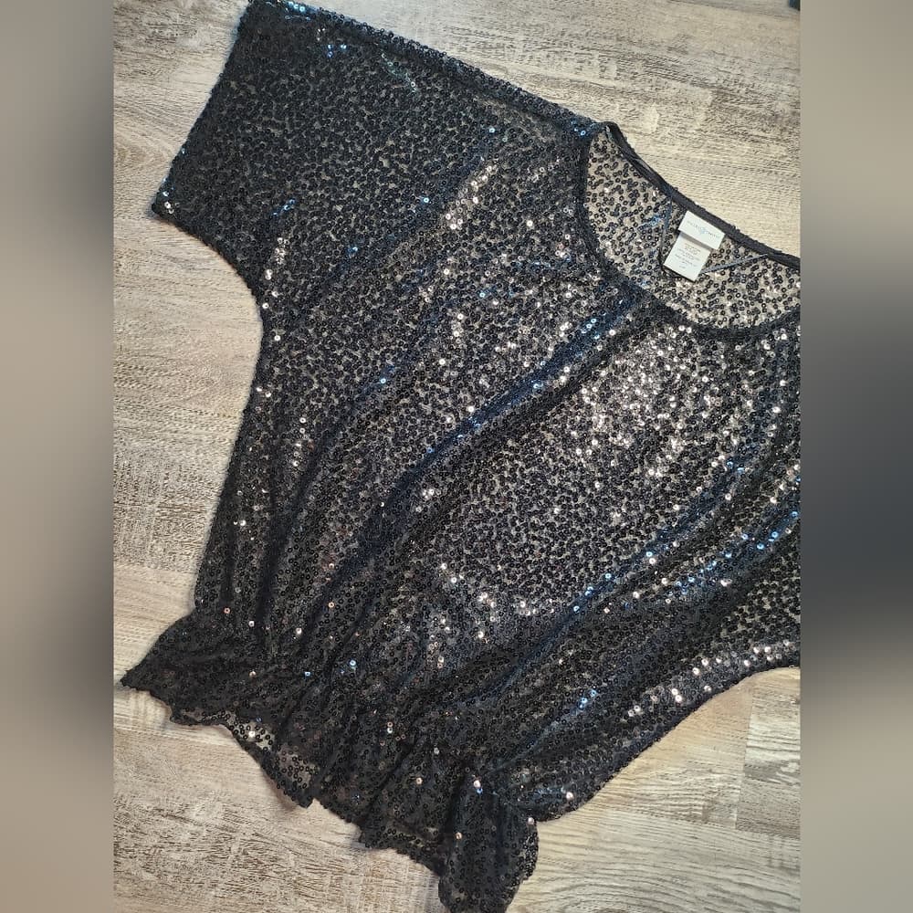 Jaclyn Smith Black Elegant Sheer Sequin Peplum Top Short Sleeve - Thumbnail 2