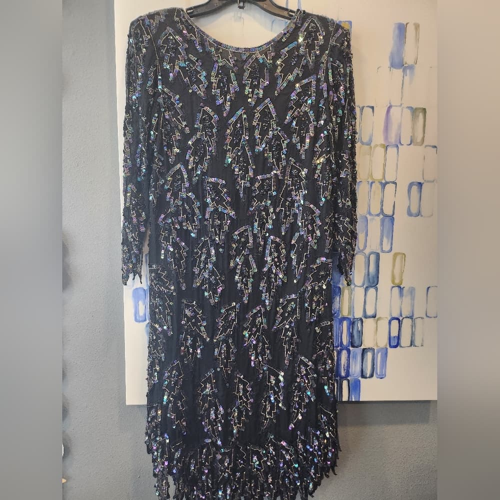 Vintage Scala Black Oil Slick 20s Style Sequin And Beaded Coctail Formal Dress - Thumbnail 4